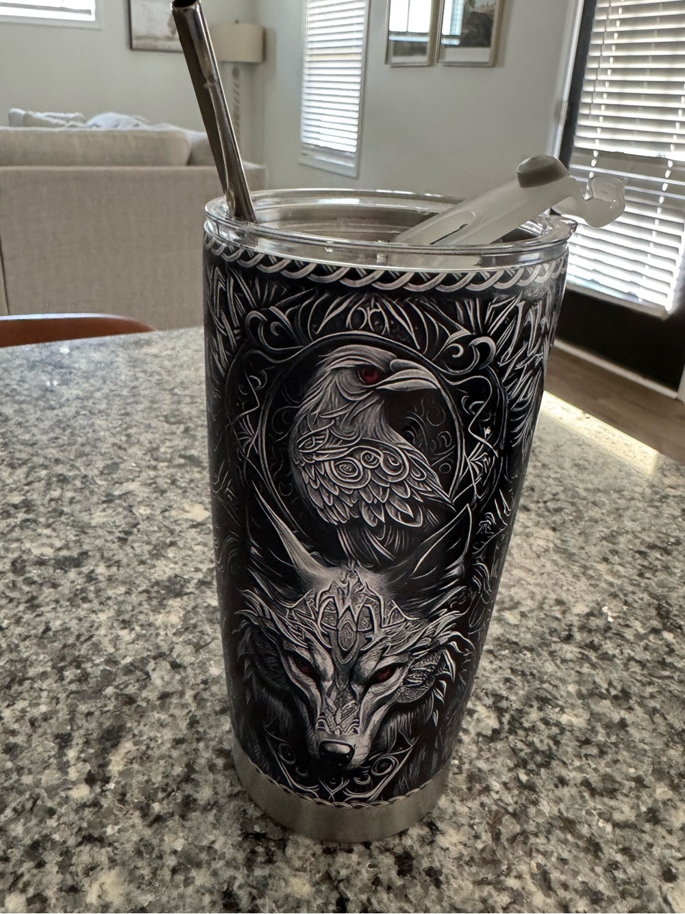 Insulated Black & Silver Wolf & Raven Stainless Tumbler - Double Wall Travel Cup